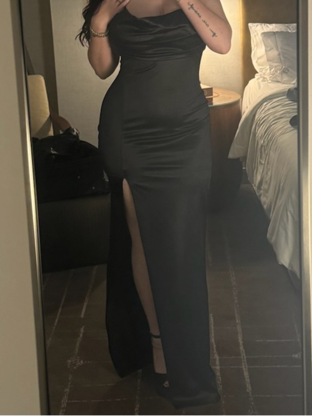 Windsor Black Satin Cowl Neck Prom Gown with High Front Slit